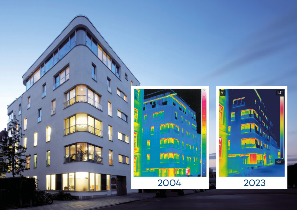 Das Bild zeigt eine Thermografieaufnahme eines Gebäudes, die die Wärmeabstrahlung visualisiert.